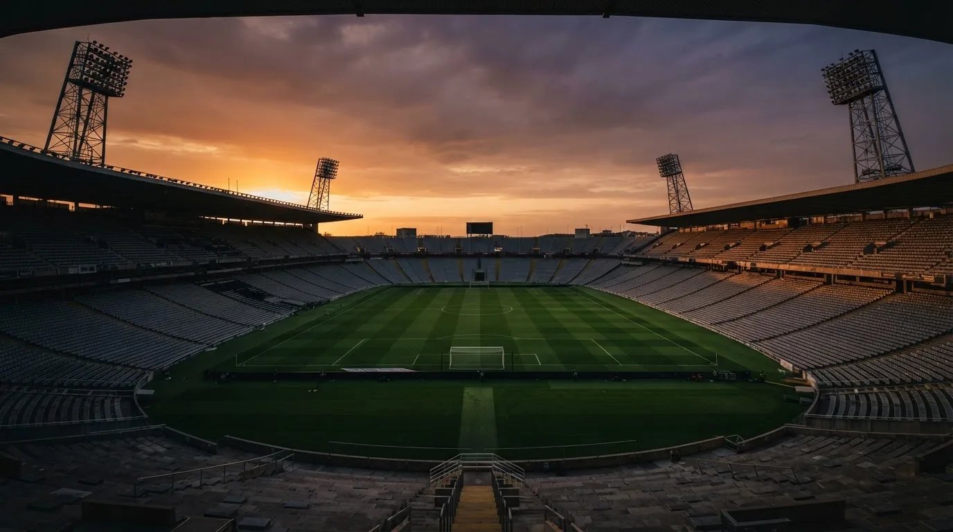 Un estadio de fútbol vacío con torres de iluminación al atardecer
