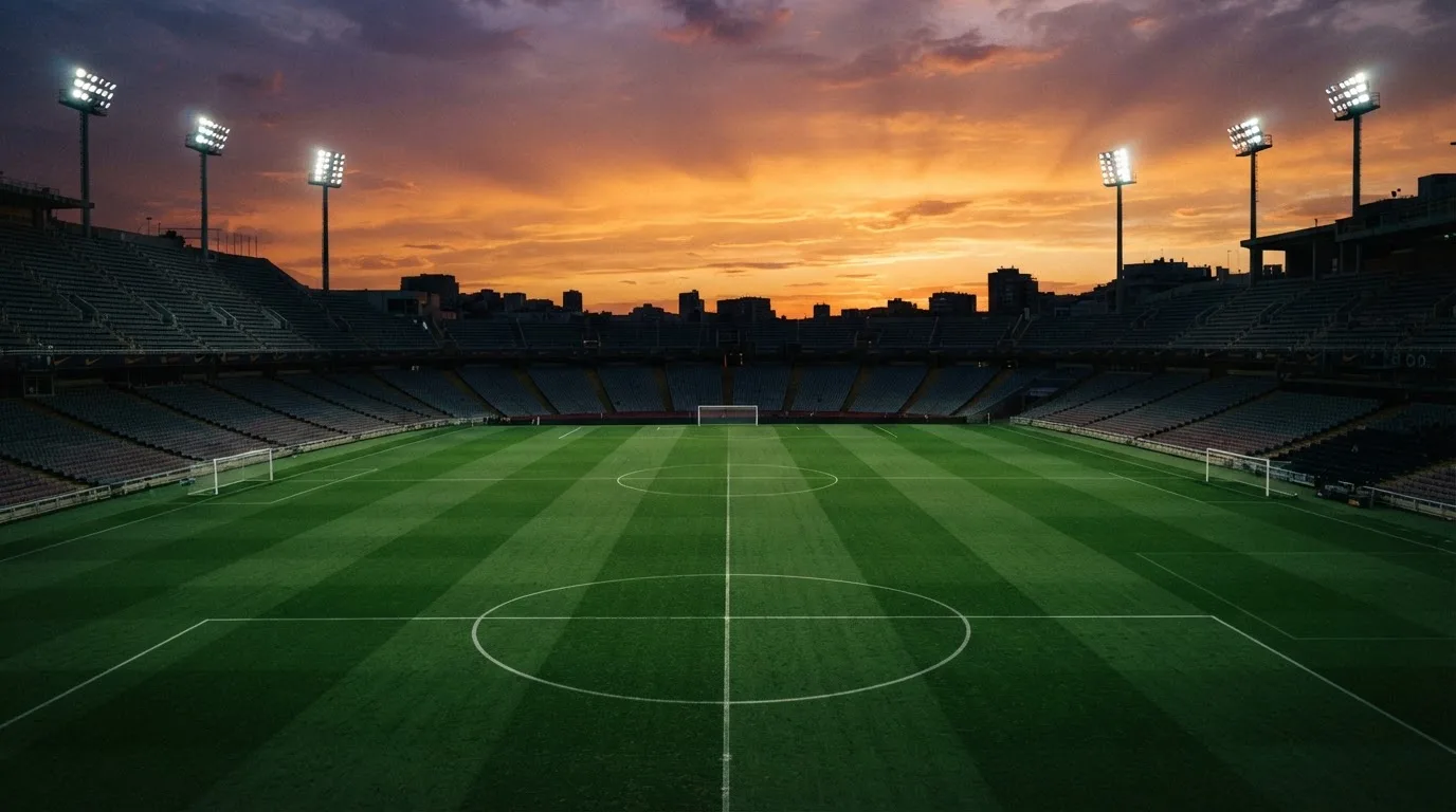 Un estadio de fútbol vacío con torres de iluminación al atardecer