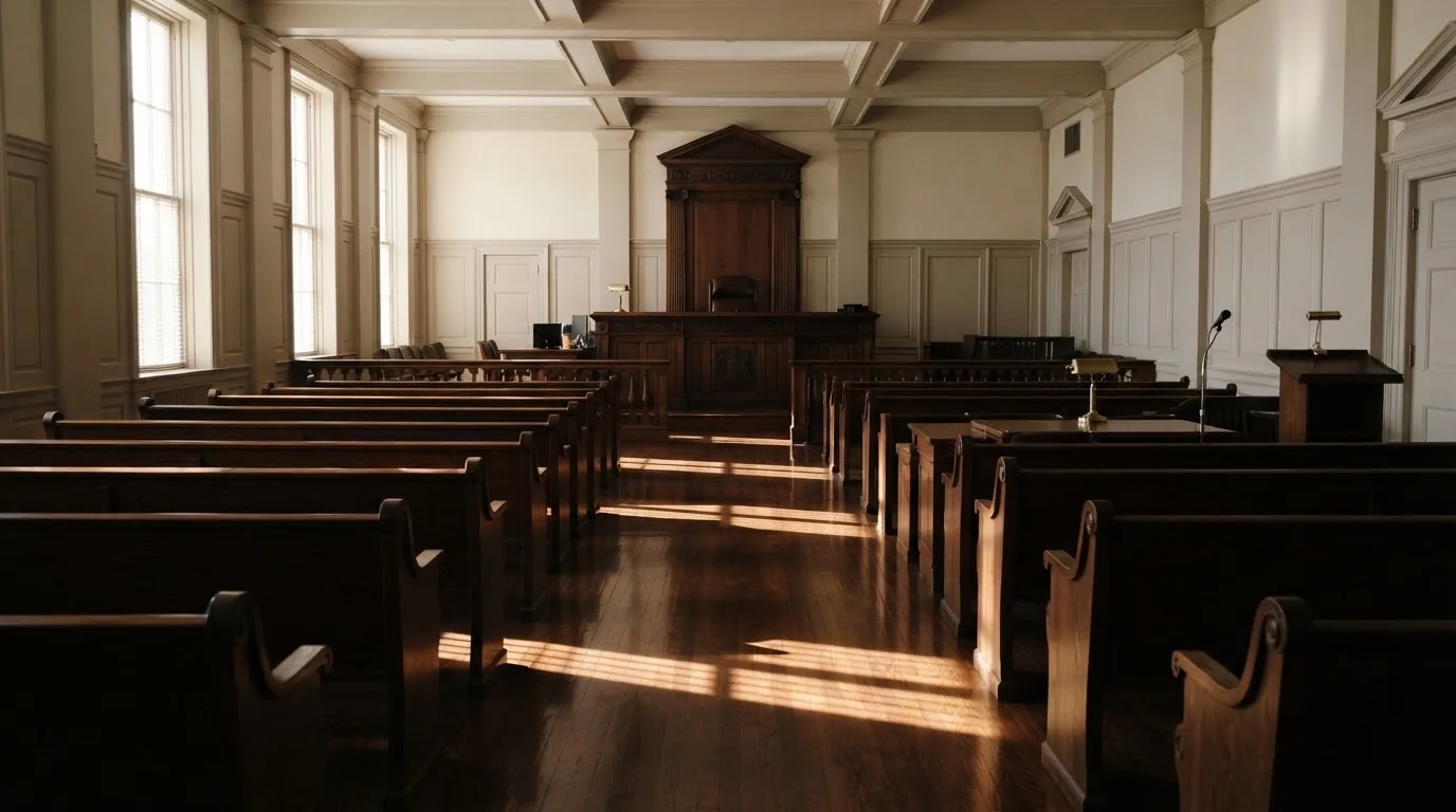 Una sala de tribunal vacía con bancos de madera a la luz de la mañana