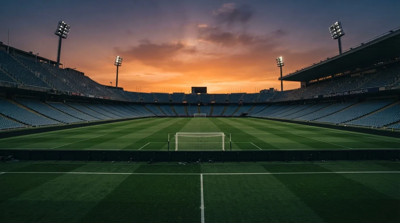 Un estadio de fútbol vacío con torres de iluminación al atardecer