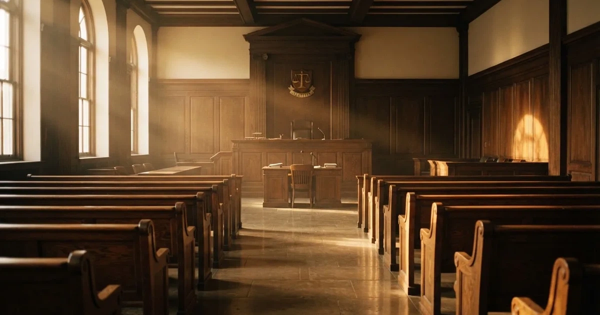Una sala de tribunal vacía con bancos de madera a la luz de la mañana
