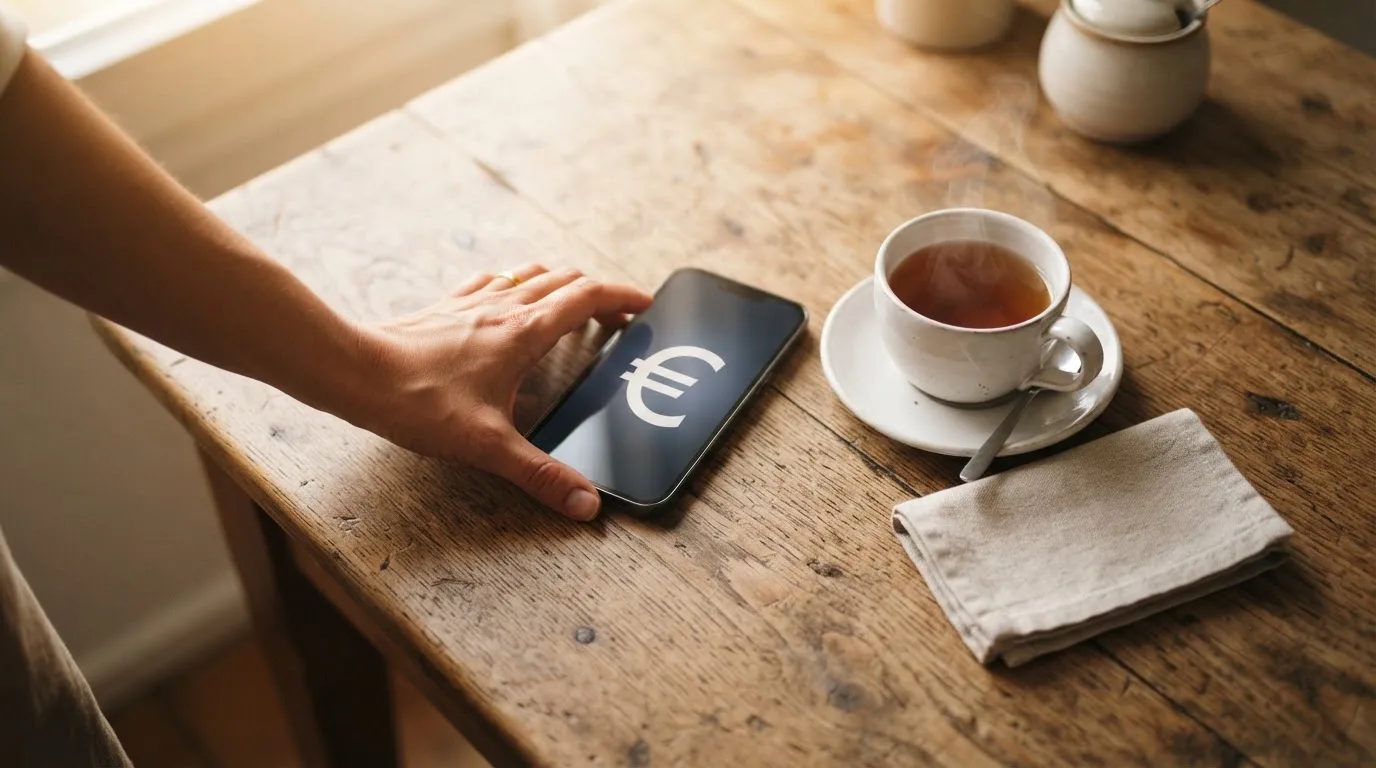 Una mano deja un móvil junto a una taza de té sobre la mesa de la cocina, una tarde tranquila