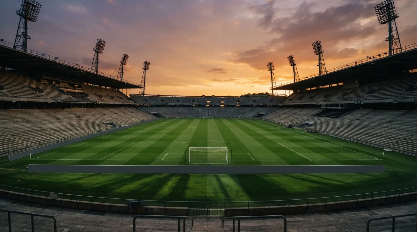 Un estadio de fútbol vacío con torres de iluminación al atardecer