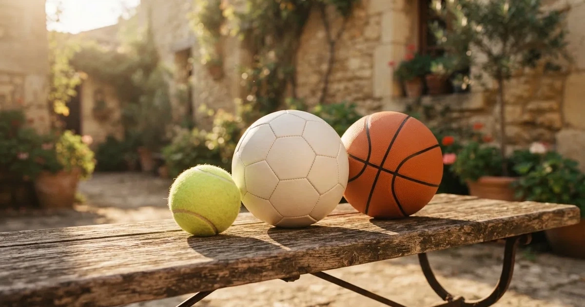 Tres balones de distintos tipos, uno junto a otro, sobre un banco de madera