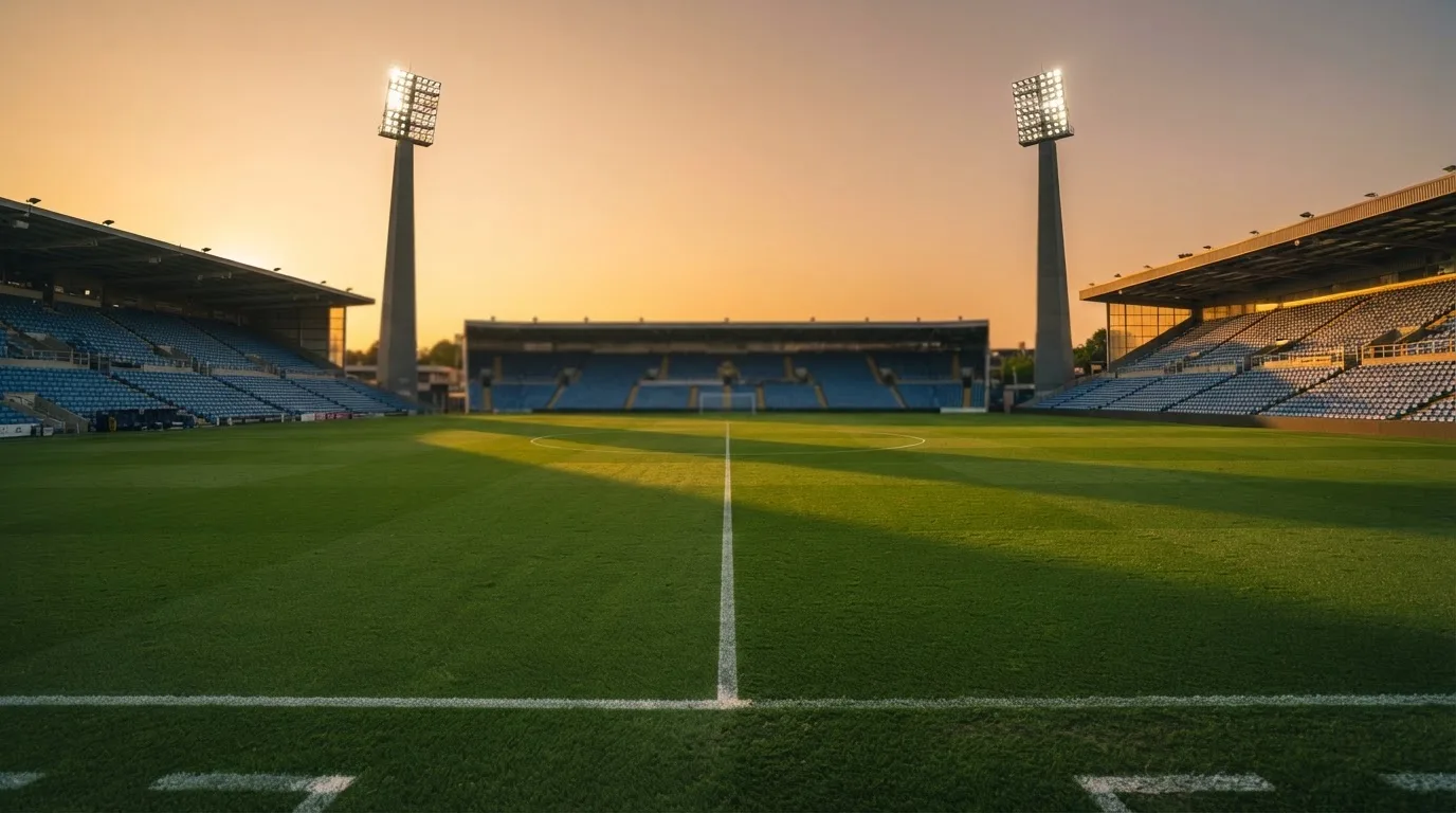 Un estadio de fútbol vacío con torres de iluminación al atardecer