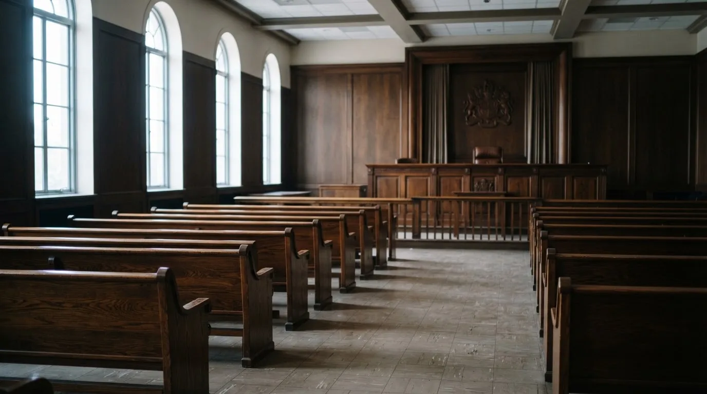 Una sala de tribunal vacía con bancos de madera a la luz de la mañana