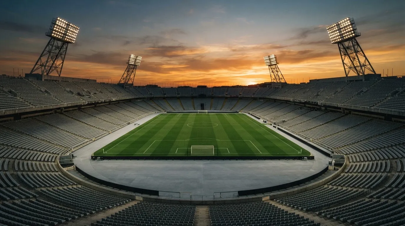 Un estadio de fútbol vacío con torres de iluminación al atardecer