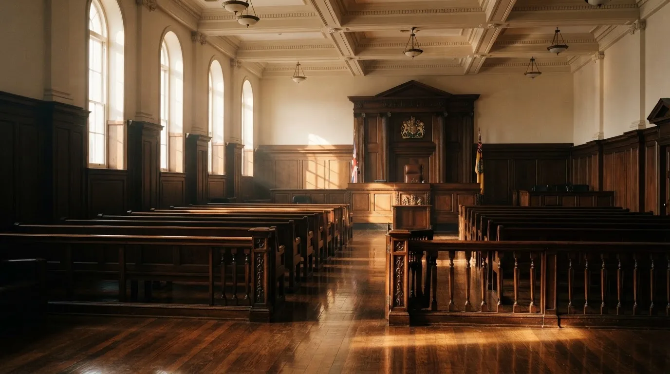 Una sala de tribunal vacía con bancos de madera a la luz de la mañana